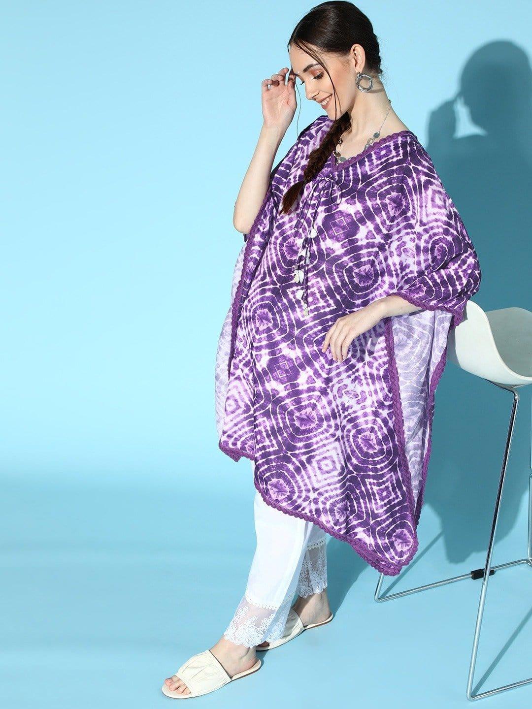 Purple And White Tie And Dye Lace Embellished Kaftan With Organza Embroidery Trouser - Indiakreations