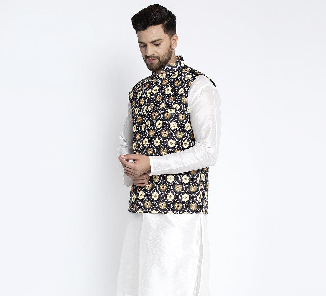 Men's Black & Yellow Printed Nehru Jacket - Benstoke - Indiakreations