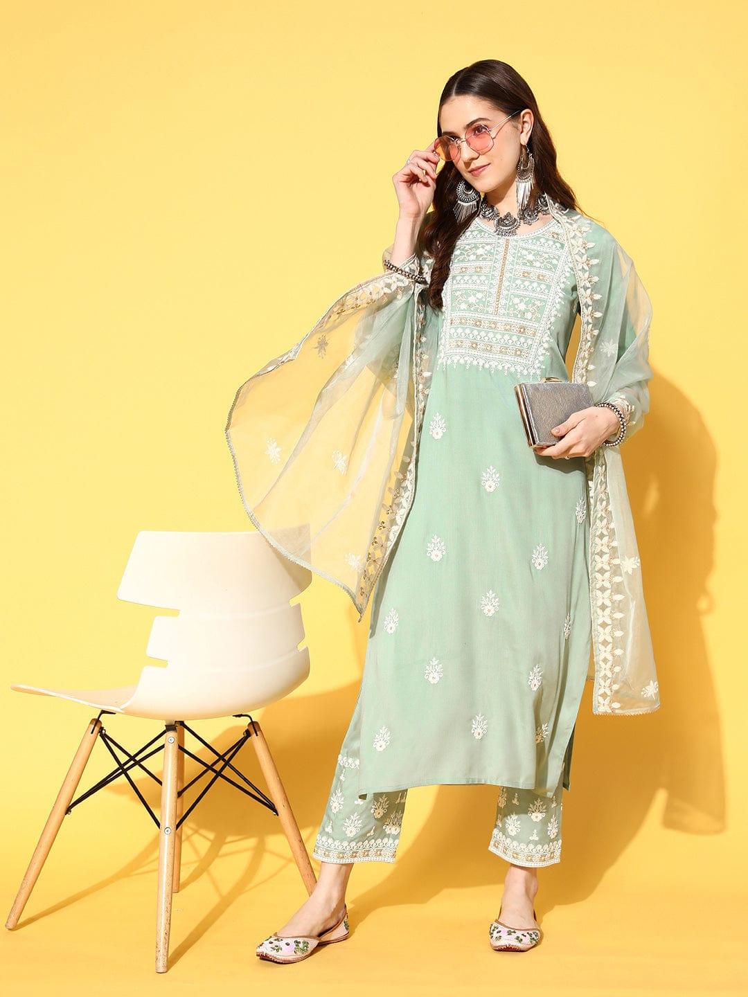 Varanga Women Ethnic Motifs Embroidered Thread Work Kurta with Trousers & With Dupatta - Indiakreations