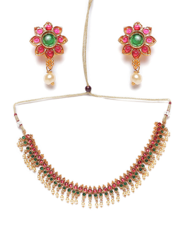 Women's Pink & Green Gold-Plated Stone-Studded & Beaded Handcrafted Jewellery Set - Jazz and Sizzle