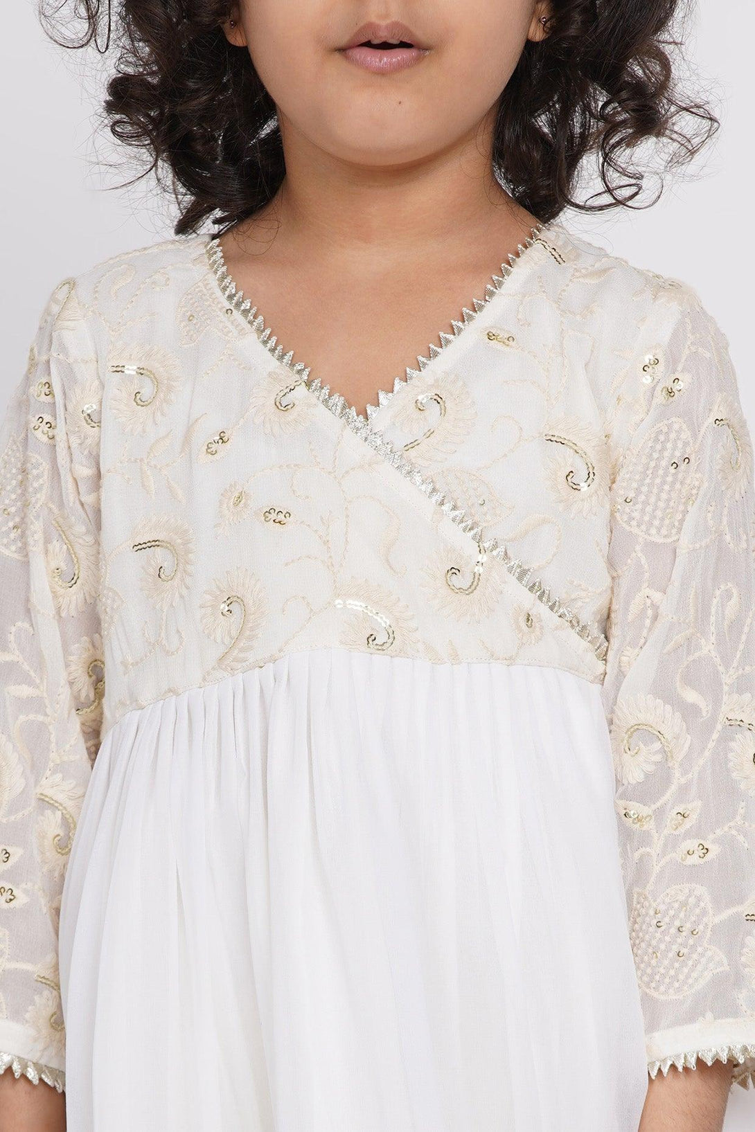 Girl's Cotton Floral Embroidery And Lacework Angrakha Kurta With Sharara And Dupatta - White - Little Bansi Girls - Indiakreations