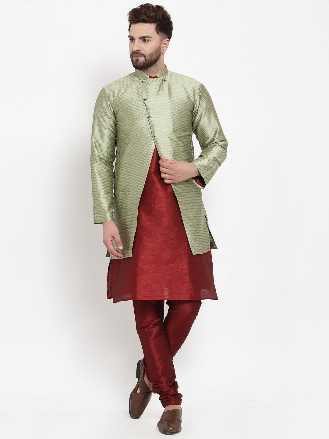 Men's Maroon Kurta With Pyjama & Beige Self Design Jacket - Benstoke