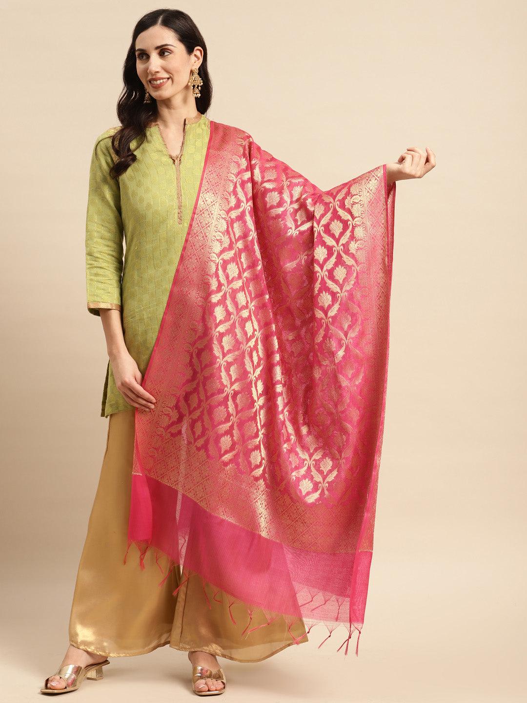 Women's Pink Color Ethnic Motifs Woven Design Dupatta With Zari - Varanasi - Indiakreations