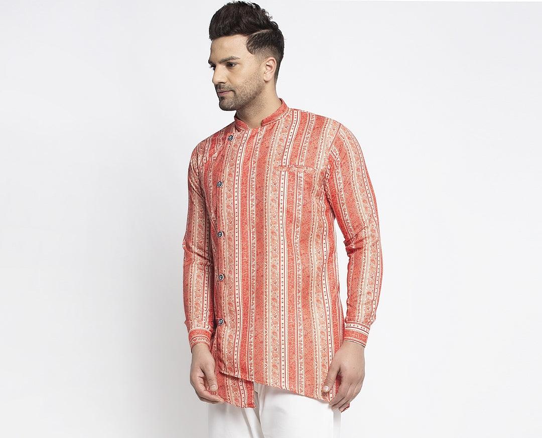 Men's Orange & Multi Asymmetric Printed Short Kurta - Benstoke - Indiakreations