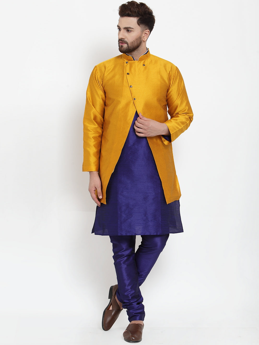 Men's Royal Blue Kurta With Pyjama & Mustard Self Design Jacket - Benstoke