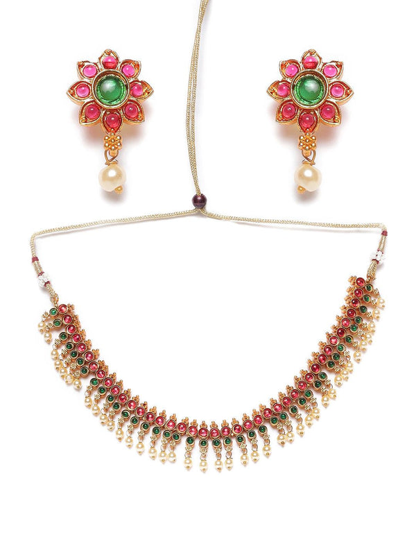 Women's Pink & Green Gold-Plated Stone-Studded & Beaded Handcrafted Jewellery Set - Jazz and Sizzle - Indiakreations