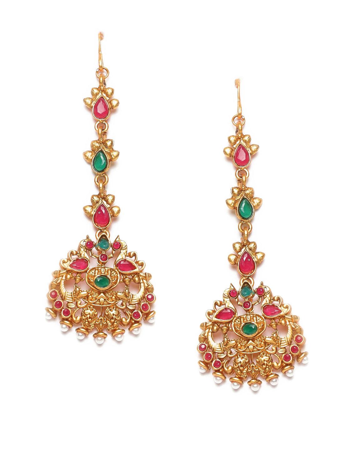 Women's Gold Plated Red & Green stone Studded Peacock Mangtikka - Jazz and Sizzle - Indiakreations