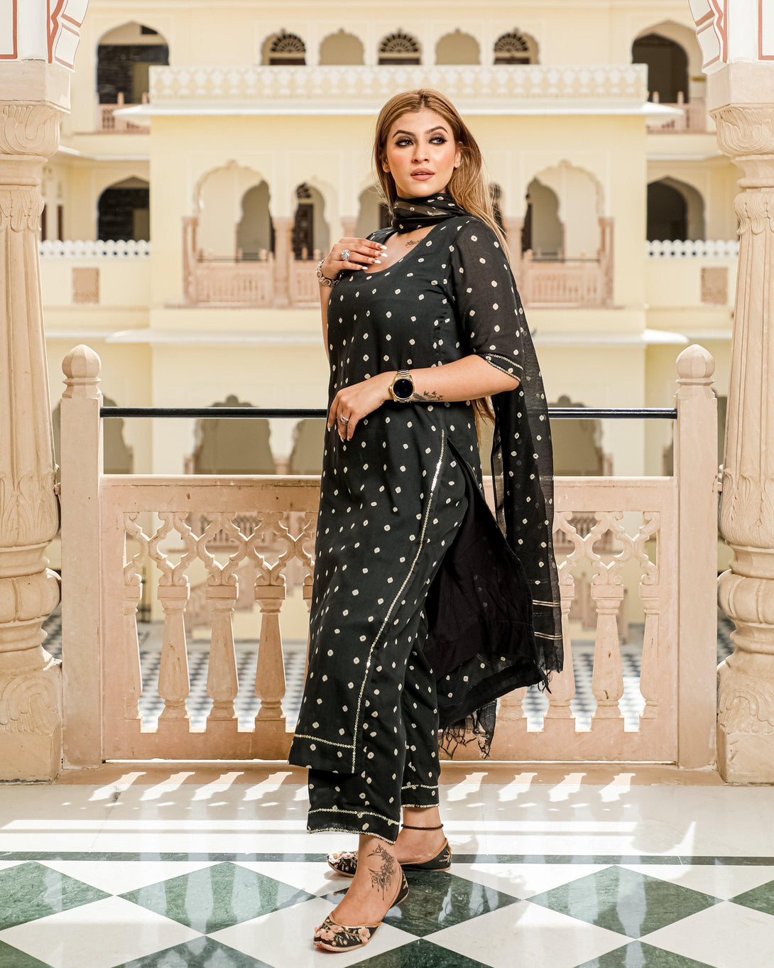 Women's Black Modal Bandhani Suit Set - Baisacrafts - Indiakreations