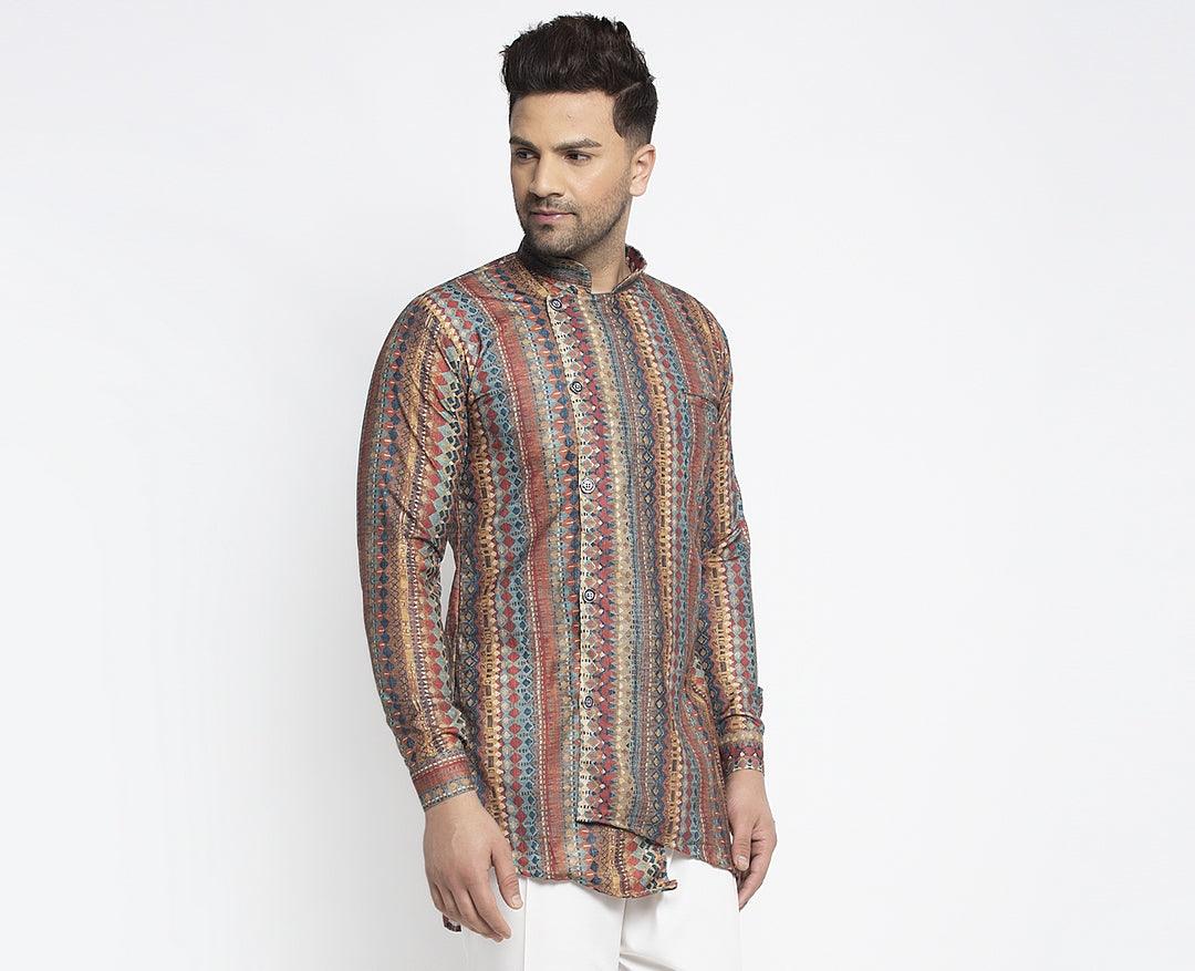 Men's Rust & Multicolor Asymmetric Printed Short Kurta - Benstoke - Indiakreations