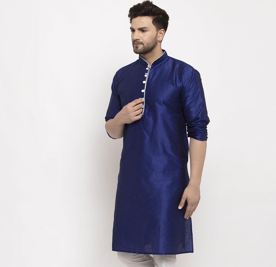 Men's Silk Blend Royal Blue Straight Long Kurta - Benstoke - Indiakreations