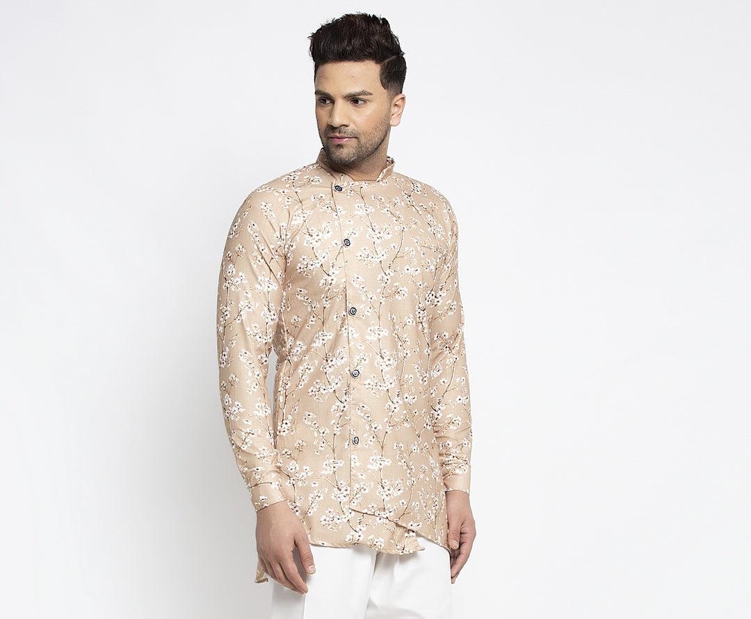 Men's Beige & White Asymmetric Printed Short Kurta - Benstoke - Indiakreations