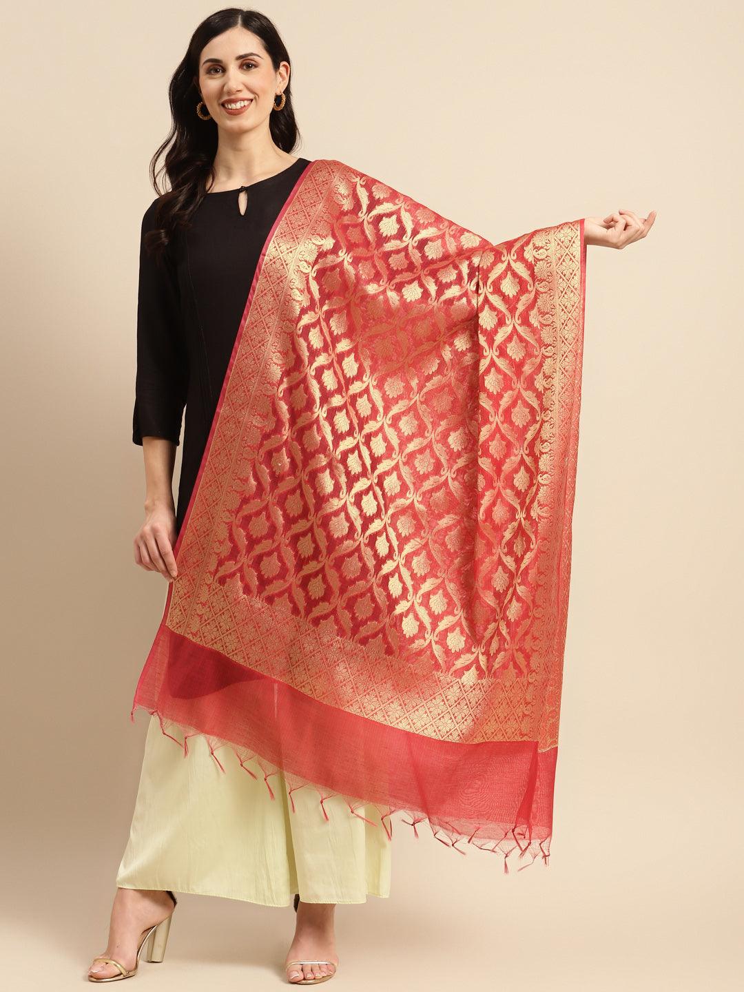 Women's Red Color Ethnic Motifs Woven Design Dupatta With Zari - Varanasi - Indiakreations