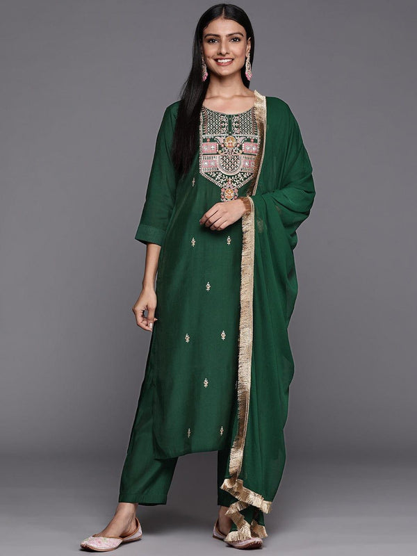 Varanga Women Green Ethnic Motifs Embroidered Gotta Patti Kurta with Trousers & With Dupatta - Indiakreations