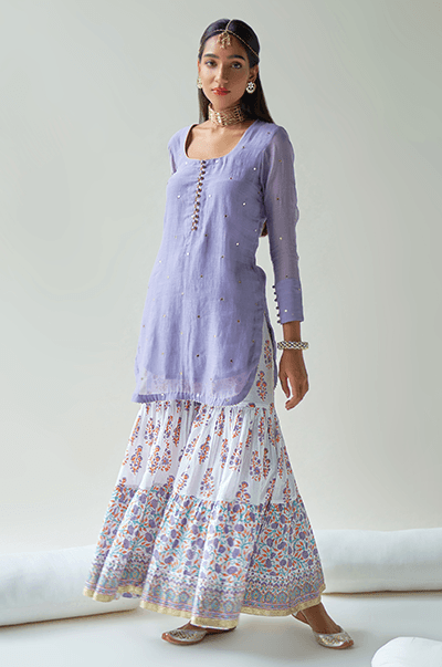 Chaand Lilac Kurta with jaal & booti block printed sharara and Dupatta- Set of 3 RTS - Indiakreations