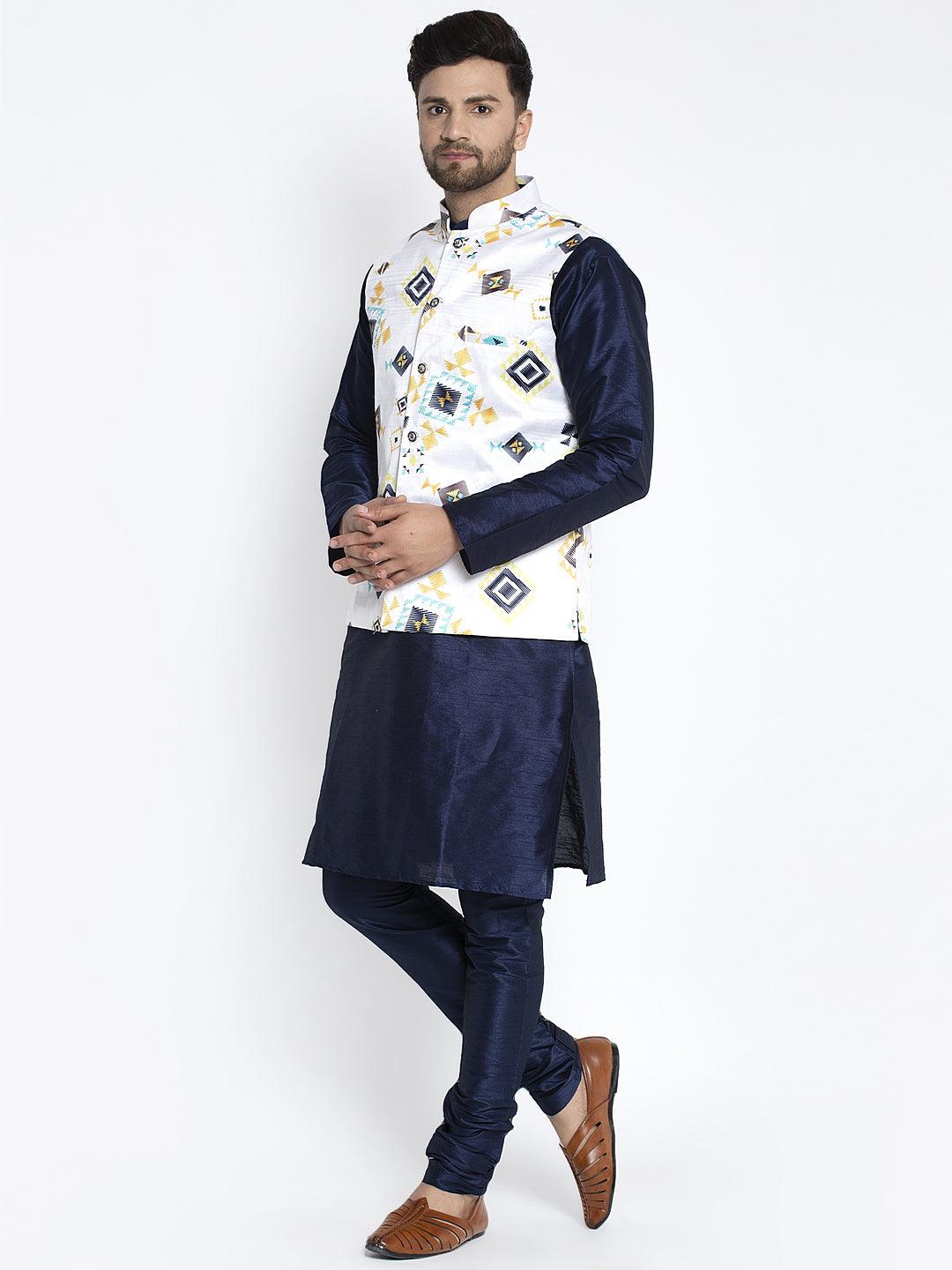 Men's Silk Blend Navy Blue Kurta With Pyjama & White Printed Nehru Jacket - Benstoke - Indiakreations