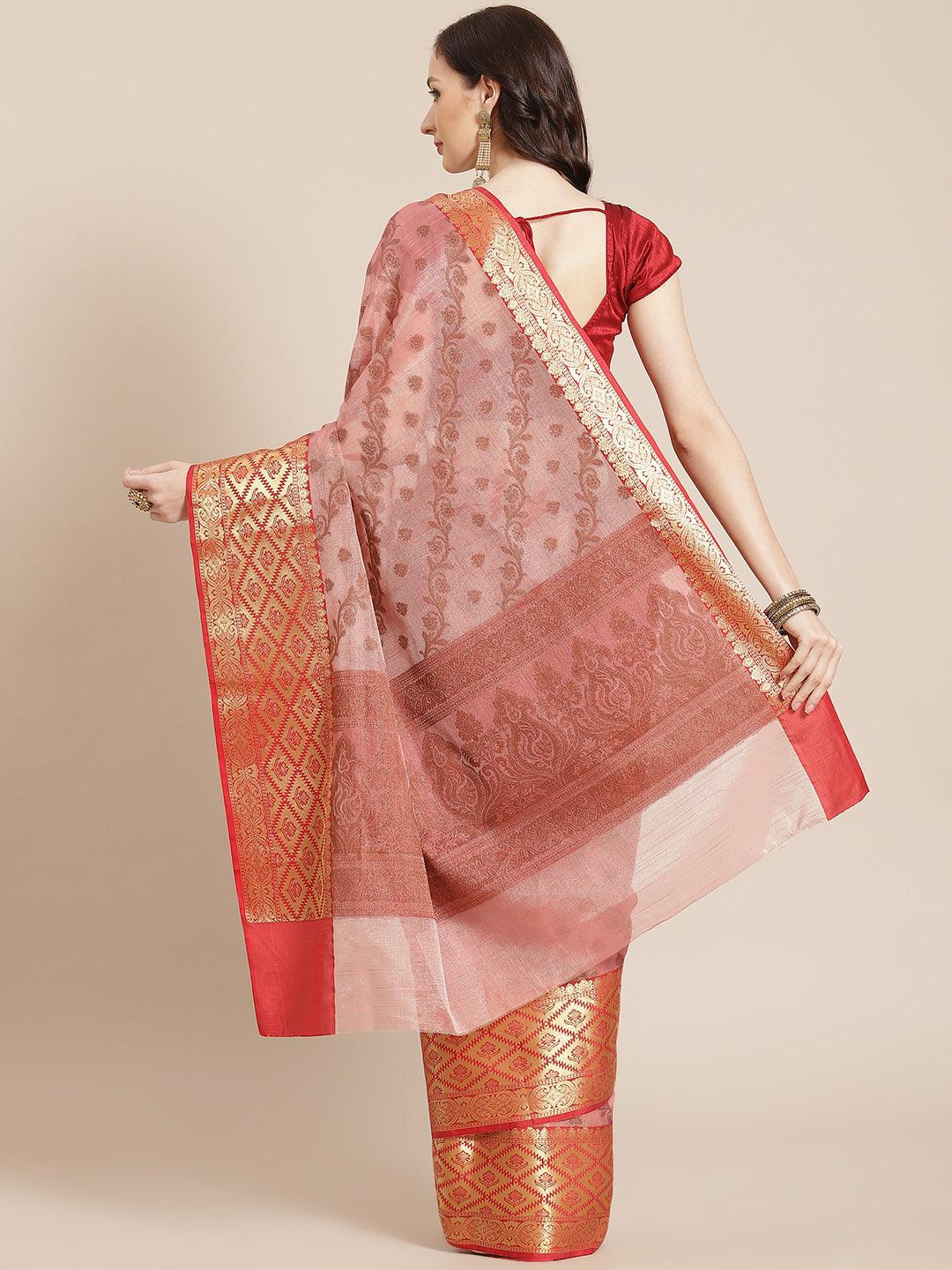 Women's Pink Cotton Silk Saree - Varanasi - Indiakreations