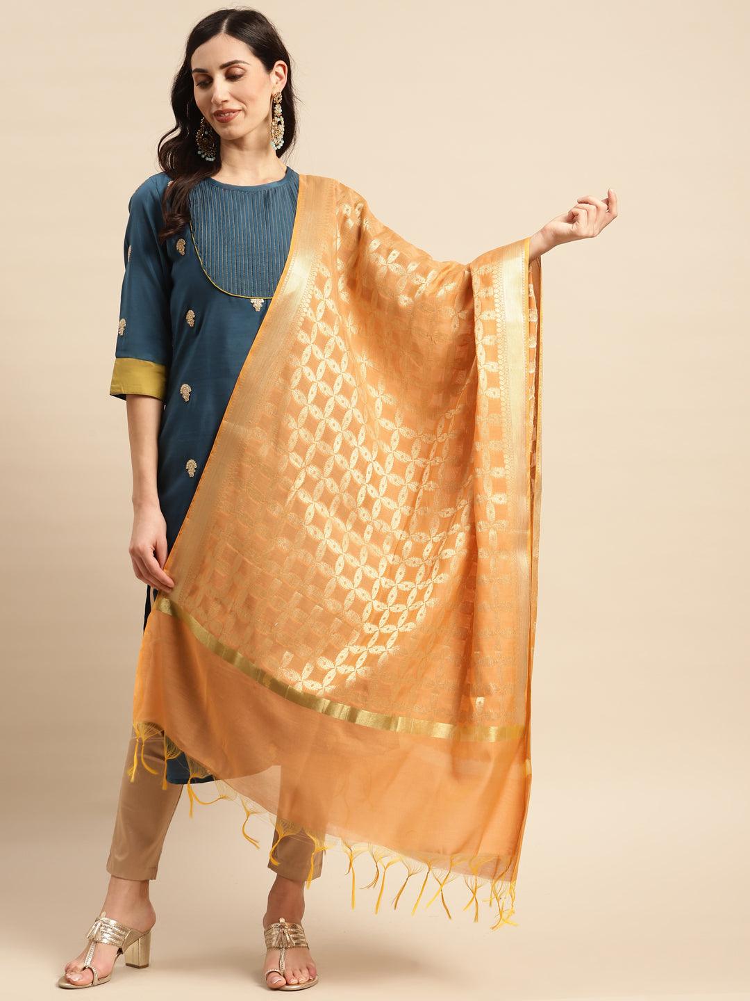 Women's Peach Color Ethnic Motifs Woven Design Dupatta With Zari - Varanasi - Indiakreations