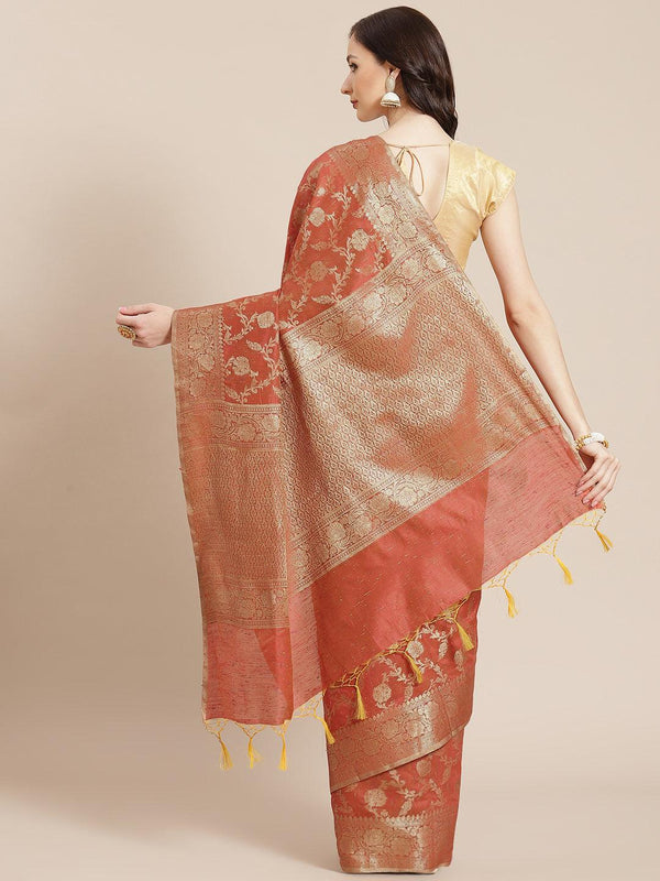 Women's Red Cotton Silk Saree - Varanasi - Indiakreations