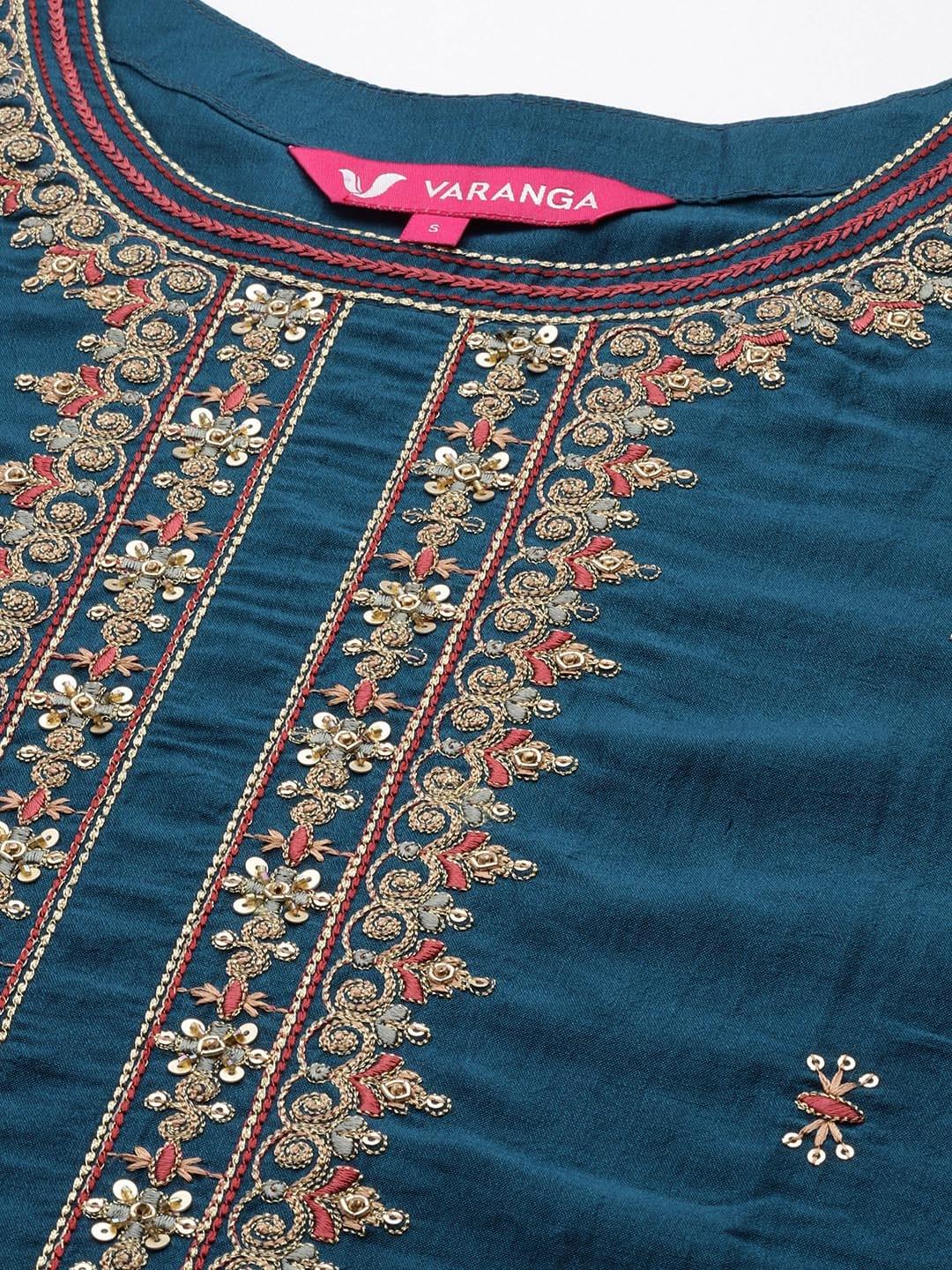 Varanga Women Blue Ethnic Motifs Yoke Design Thread Work Kurta with Sharara & With Dupatta - Indiakreations