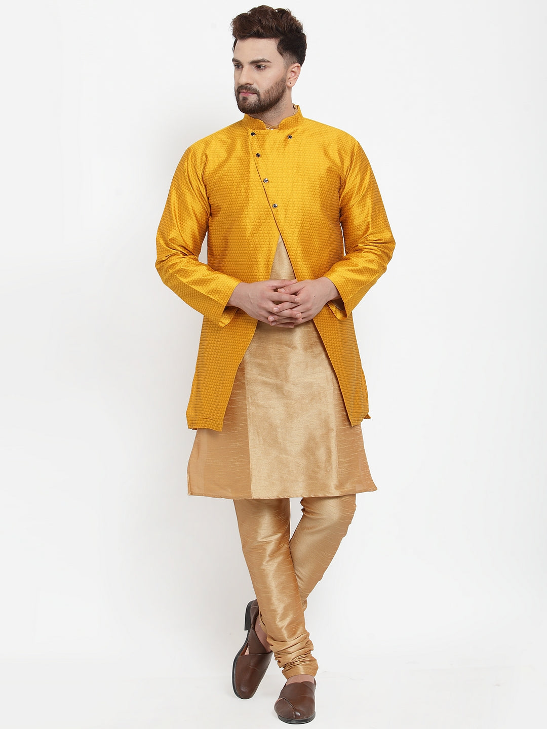 Men's Copper Kurta With Pyjama & Mustard Self Design Jacket - Benstoke