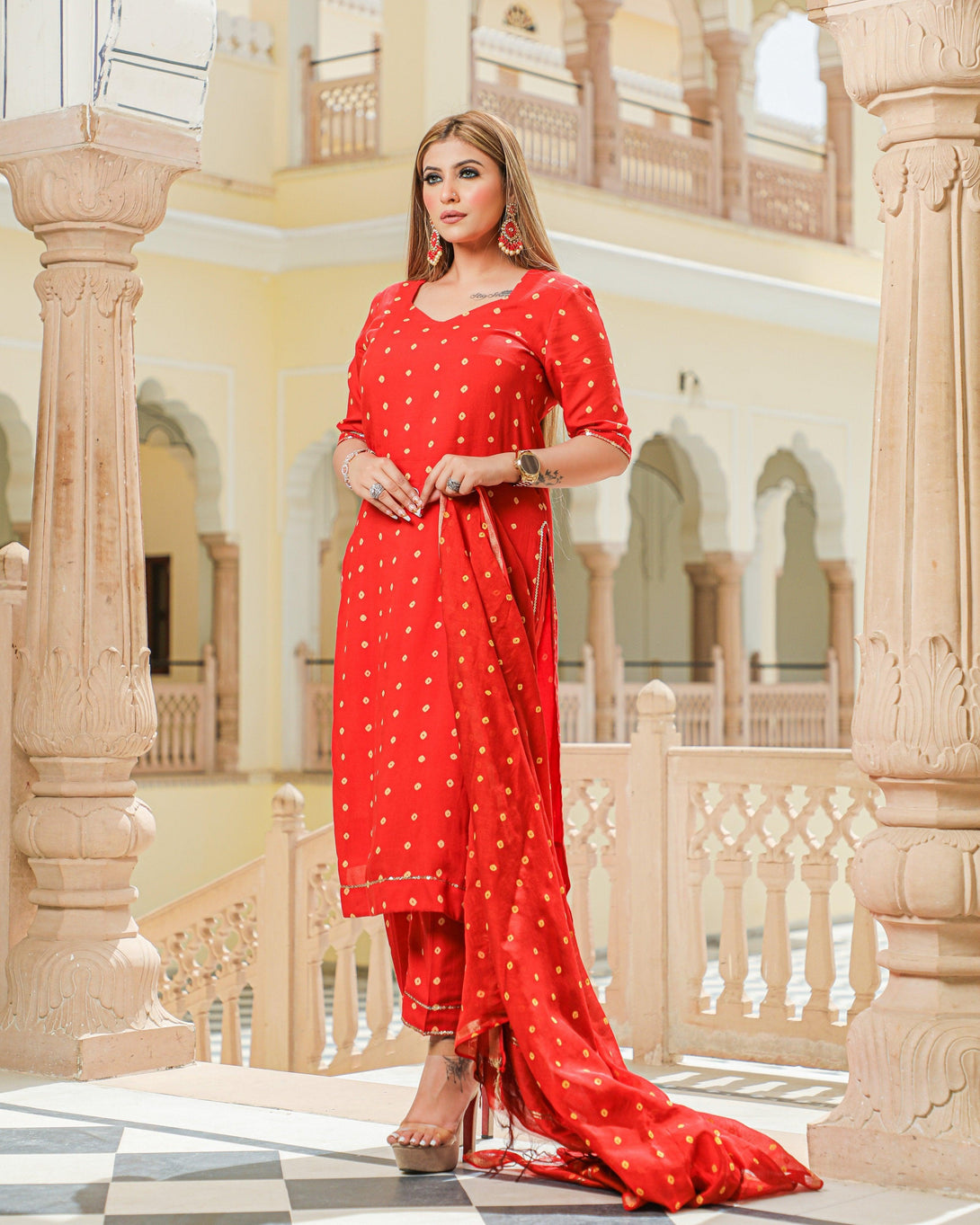 Women's Red Modal Bandhani Suit Set - Baisacrafts - Indiakreations