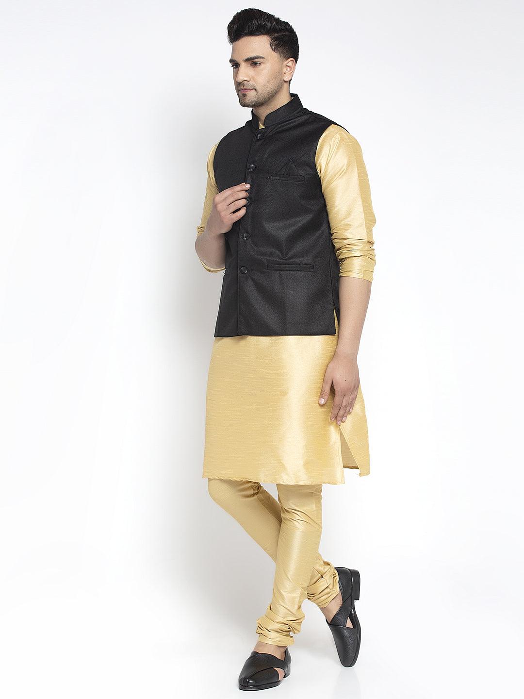 Men's Silk Blend Gold Kurta With Pyjama & Black Nehru Jacket - Benstoke - Indiakreations