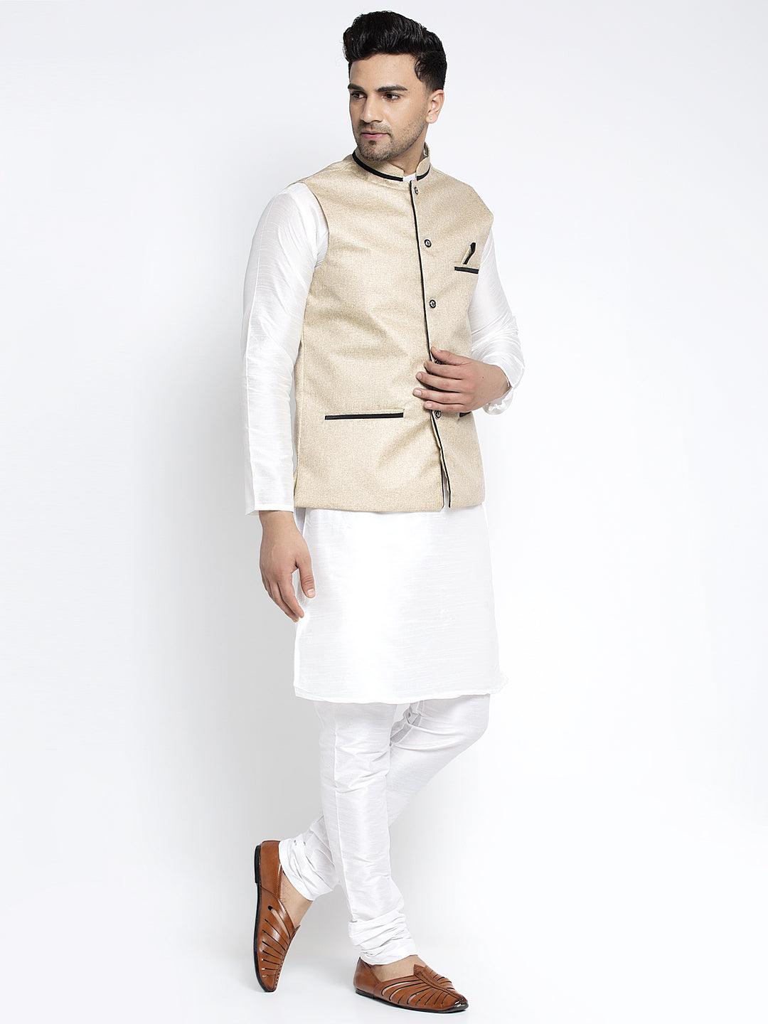 Men's Silk Blend White Kurta With Pyjama & Beige Nehru Jacket - Benstoke - Indiakreations