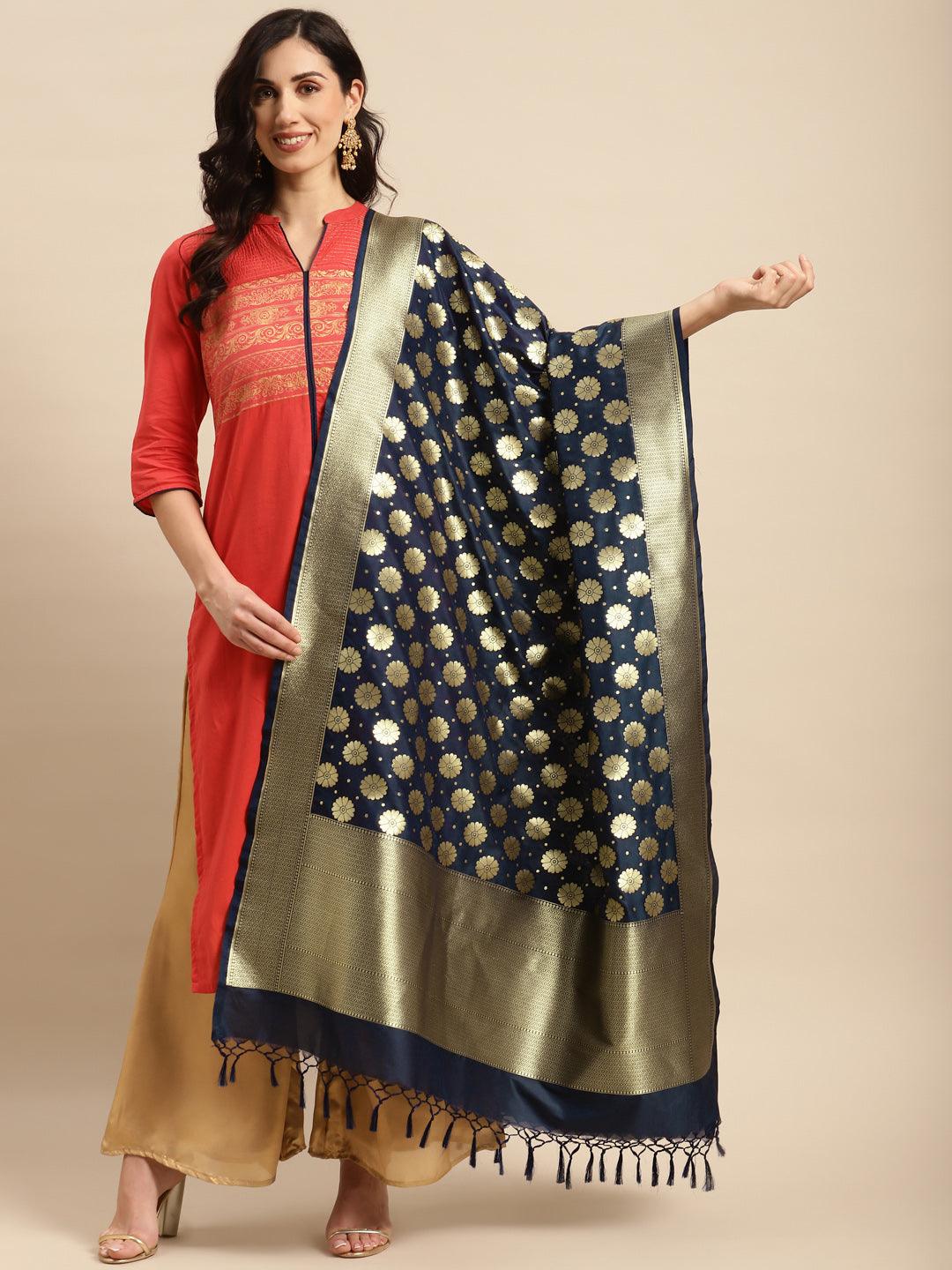 Women's Blue Color Ethnic Motifs Woven Design Dupatta With Zari - Varanasi - Indiakreations