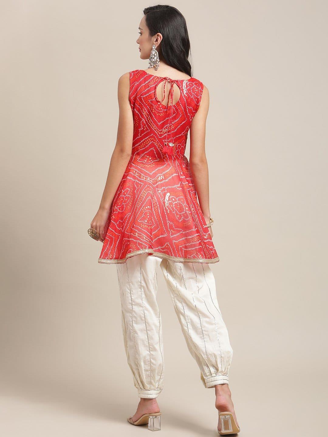 Red And Gold Bandhej Foil Printed Tunic With Zari Embroidery And Gota Embellished Dhoti Pants - Indiakreations