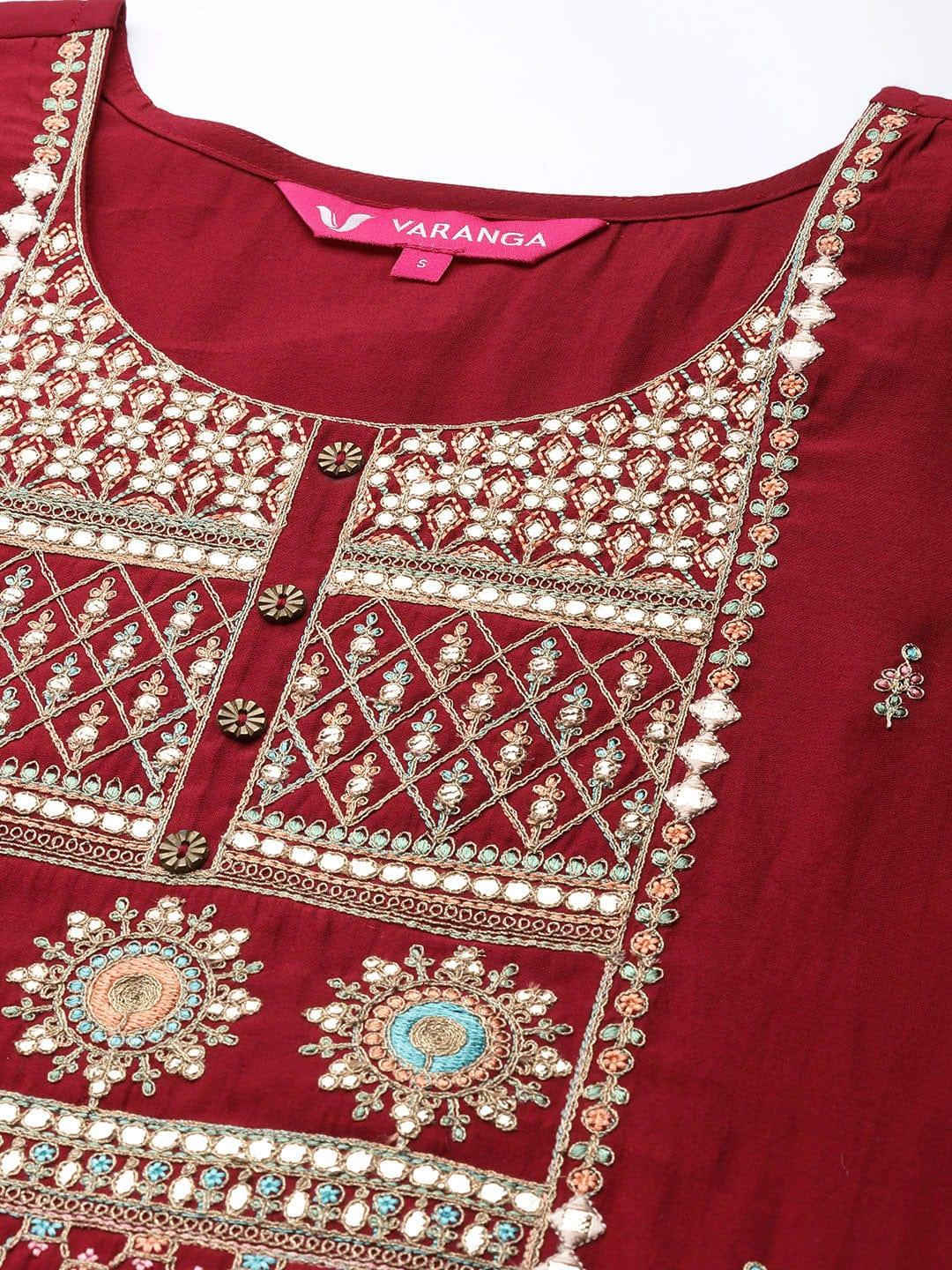 Varanga maroon embroidered kurta paired with tonal bottom and plain chiffon dupatta - Indiakreations