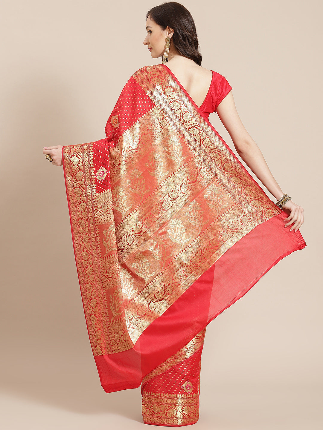 Women's Red Silk Jaamdani Cutwork Saree - Varanasi - Indiakreations