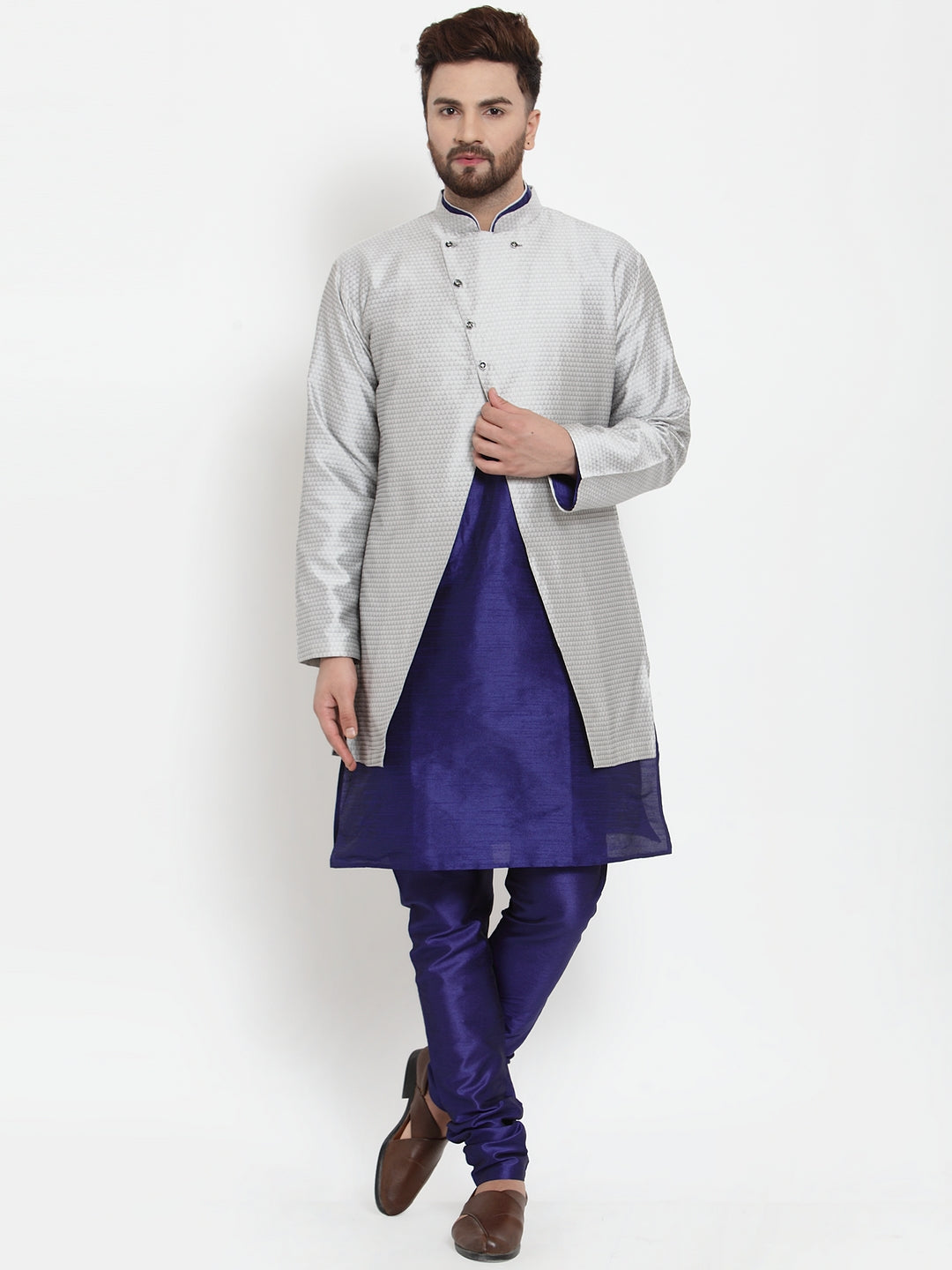 Men's Royal Blue Kurta With Pyjama & Grey Self Design Jacket - Benstoke