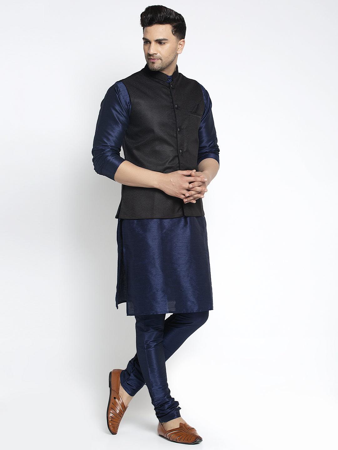 Men's Silk Blend Navy Blue Kurta With Pyjama & Black Nehru Jacket - Benstoke - Indiakreations