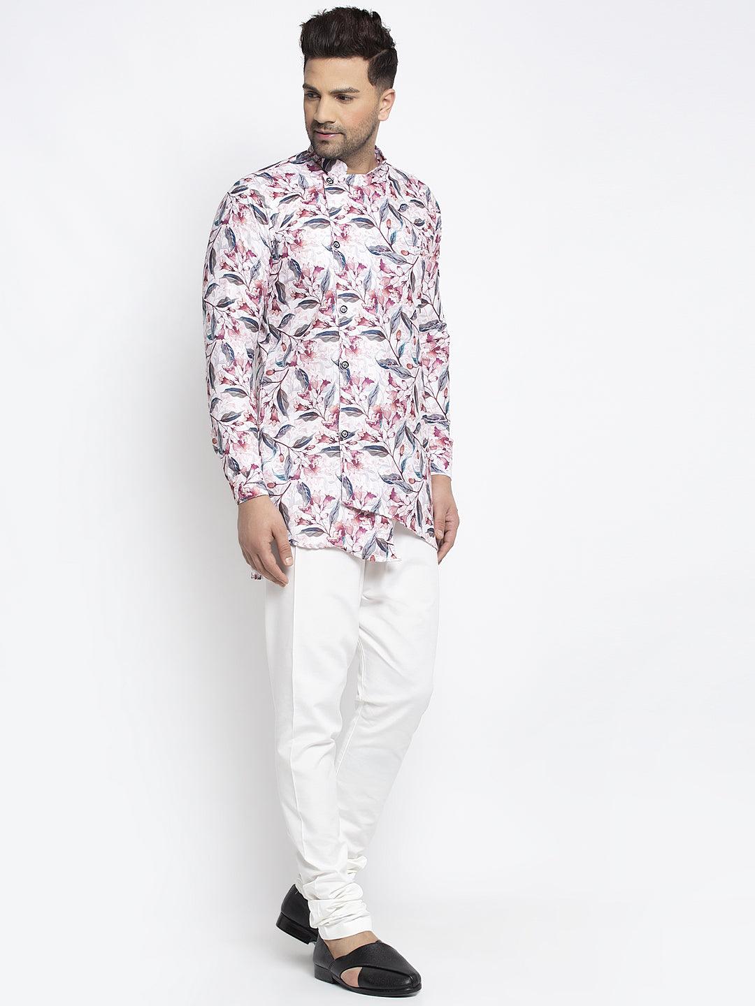 Men's White & Pink Printed Short Kurta With White Pyjama - Benstoke - Indiakreations