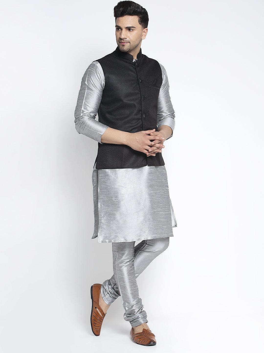 Men's Silk Blend Grey Kurta With Pyjama & Black Nehru Jacket - Benstoke - Indiakreations