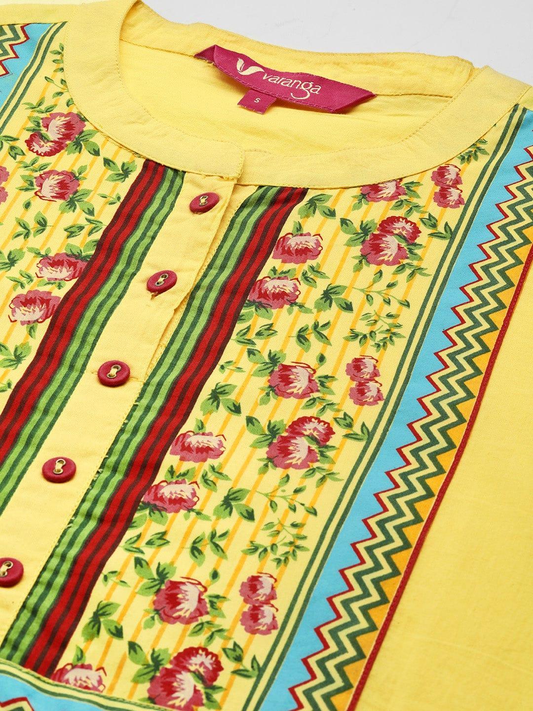 Varanga Women Yellow Floral Printed Pure Cotton Kurta - Indiakreations