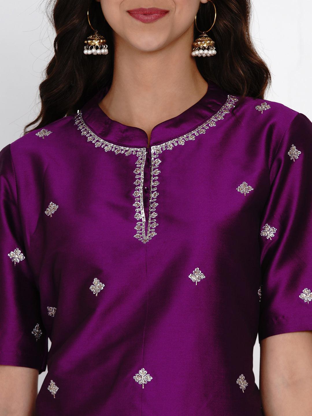 Women's Purple Polyester Embroidered Kurta With Dhoti - Women Republic - Indiakreations