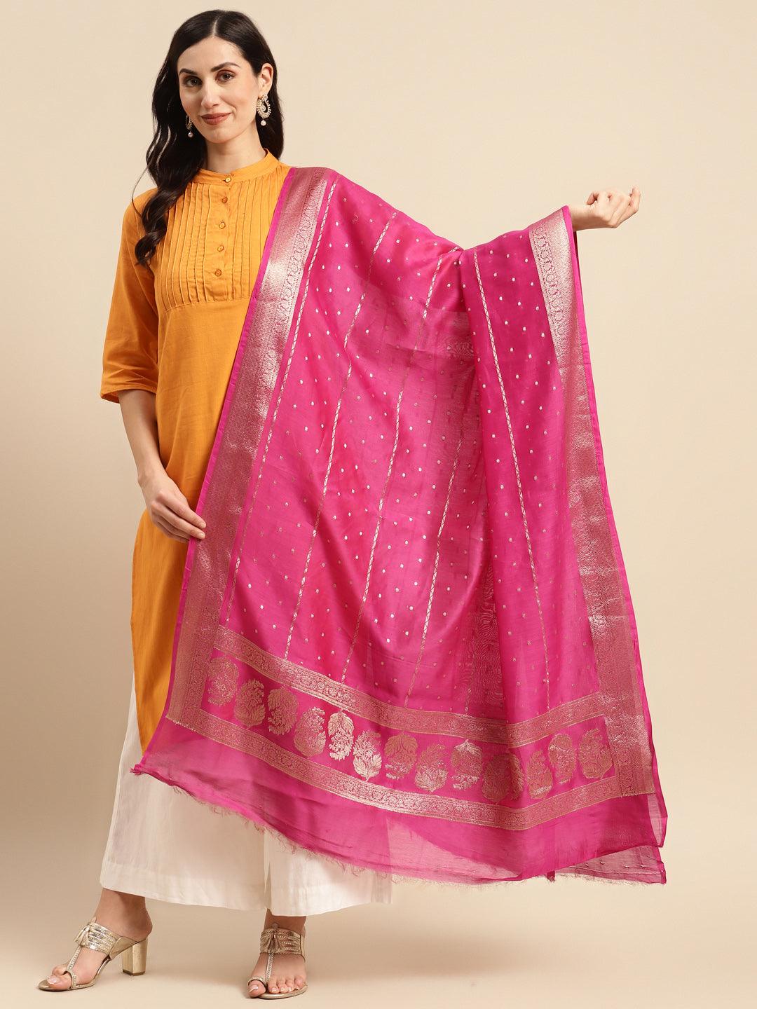 Women's Pink Color Ethnic Motifs Woven Design Dupatta With Zari - Varanasi - Indiakreations