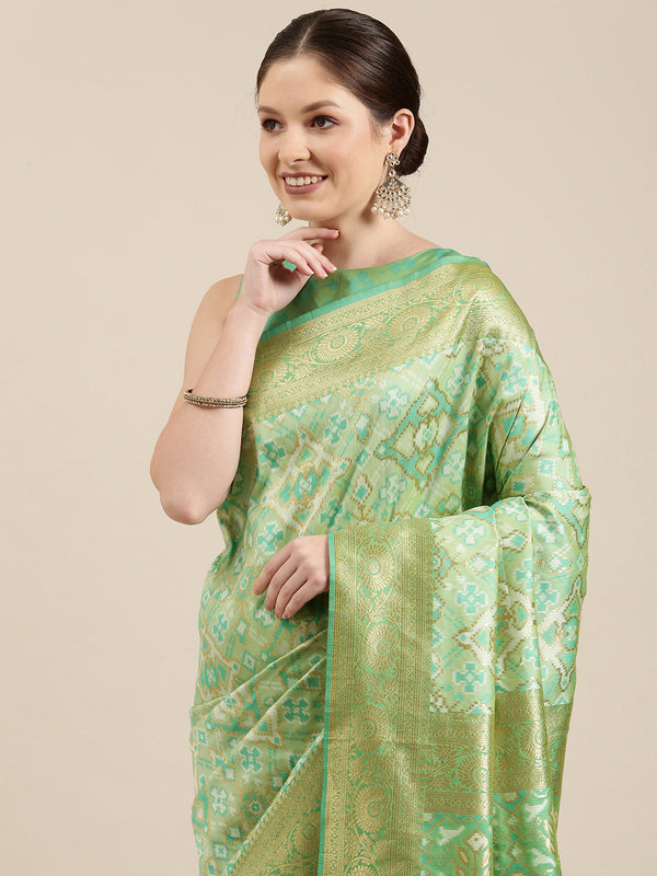 Women's Green & Golden Satin Paisley Zari Woven Banarasi Saree - Panchhi