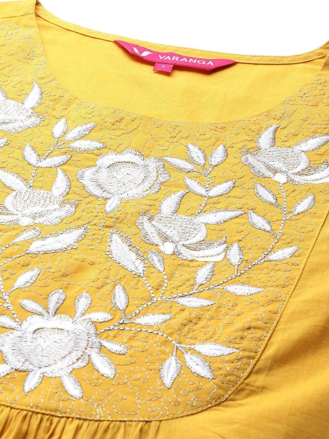 Varanga Women Mustard Yellow & White Yoke Embroidered Zari Cotton Straight Kurta - Indiakreations