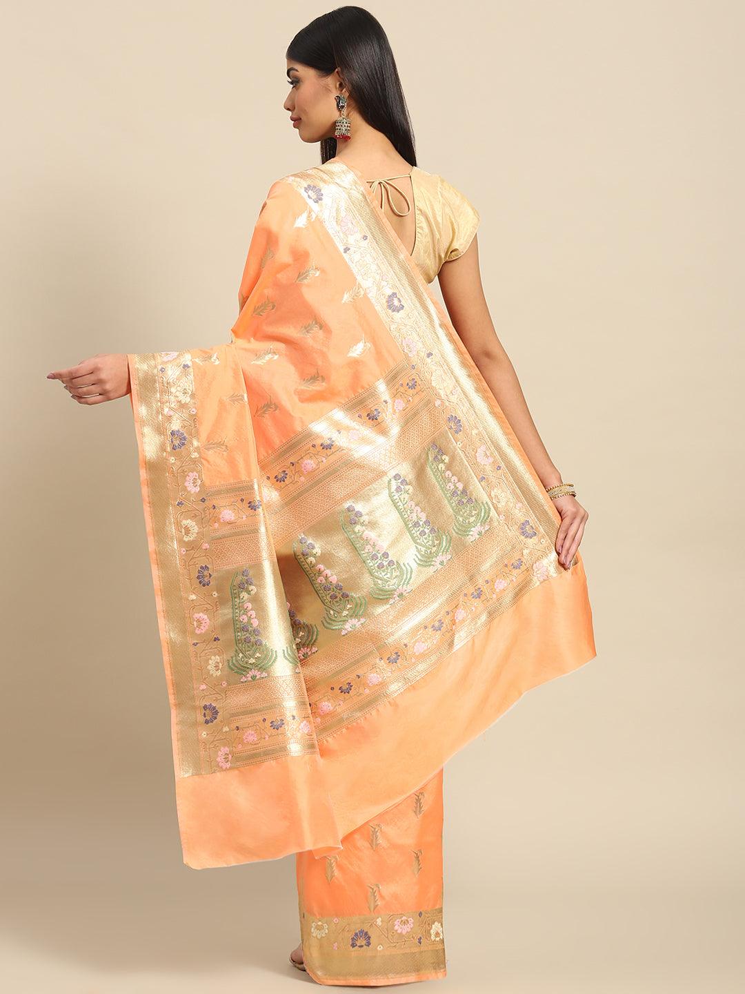 Women's Peach Floral Zari Art Silk Banarasi Saree - Varanasi - Indiakreations