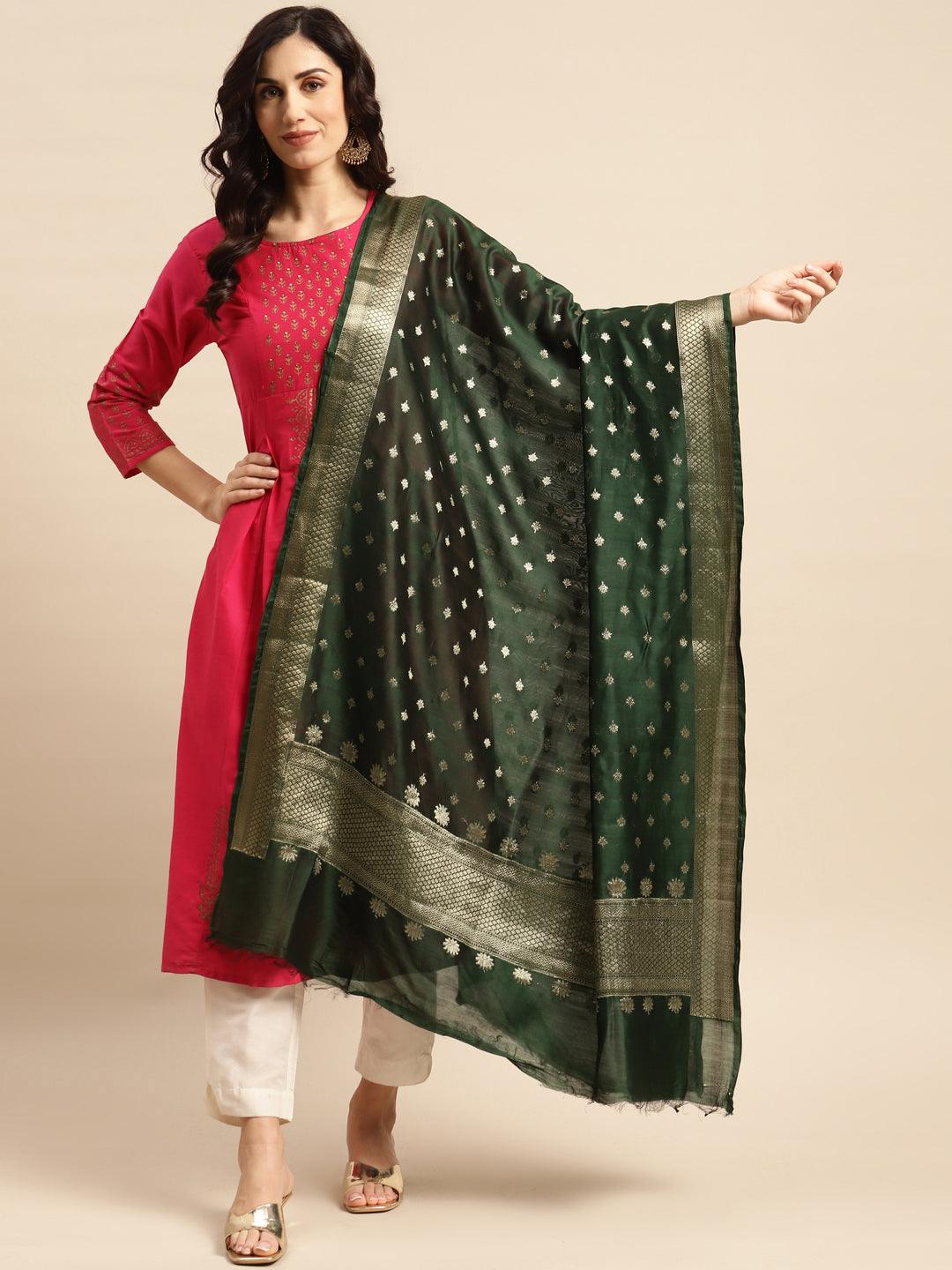 Women's Green Color Ethnic Motifs Woven Design Dupatta With Zari - Varanasi - Indiakreations