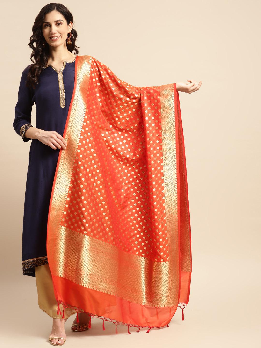 Women's Orange Color Ethnic Motifs Woven Design Dupatta With Zari - Varanasi - Indiakreations