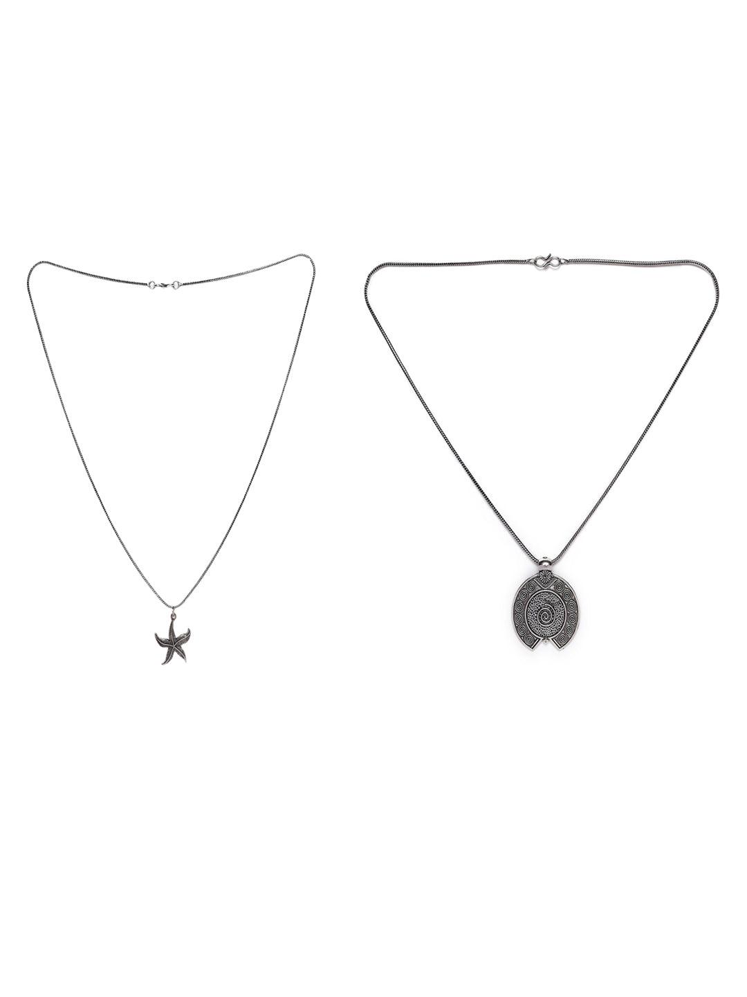 Women's Set of 2 Star & Geometrical shape Oxidised Silver-Toned Textured Necklace - Jazz and Sizzle - Indiakreations