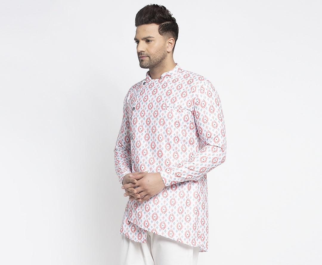 Men's White & Peach Asymmetric Printed Short Kurta - Benstoke - Indiakreations