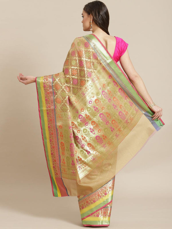 Women's Beige Silk Jaamdani Cutwork Saree - Varanasi - Indiakreations