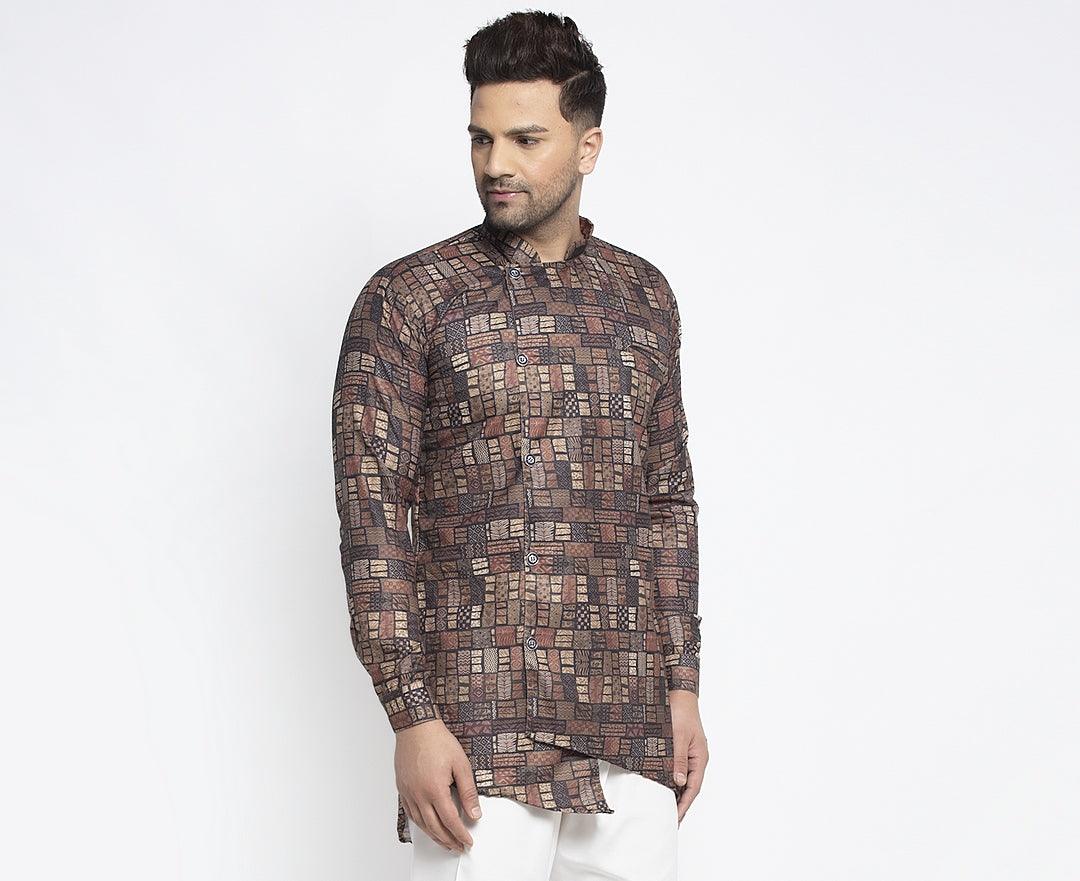 Men's Dark Brown & Multicolor Asymmetric Printed Short Kurta - Benstoke - Indiakreations