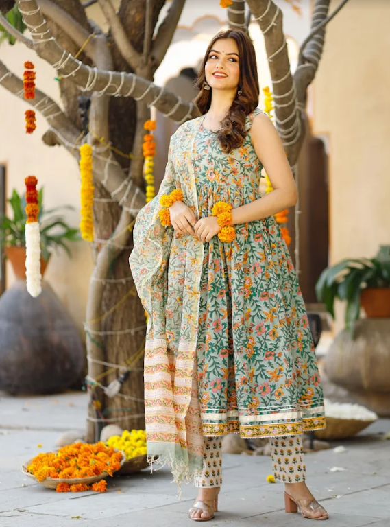 Women's Orange Green Floral Block Printed Half Sleeve Kurta Set With Chanderi Block Printed Dupatta  - Pheeta