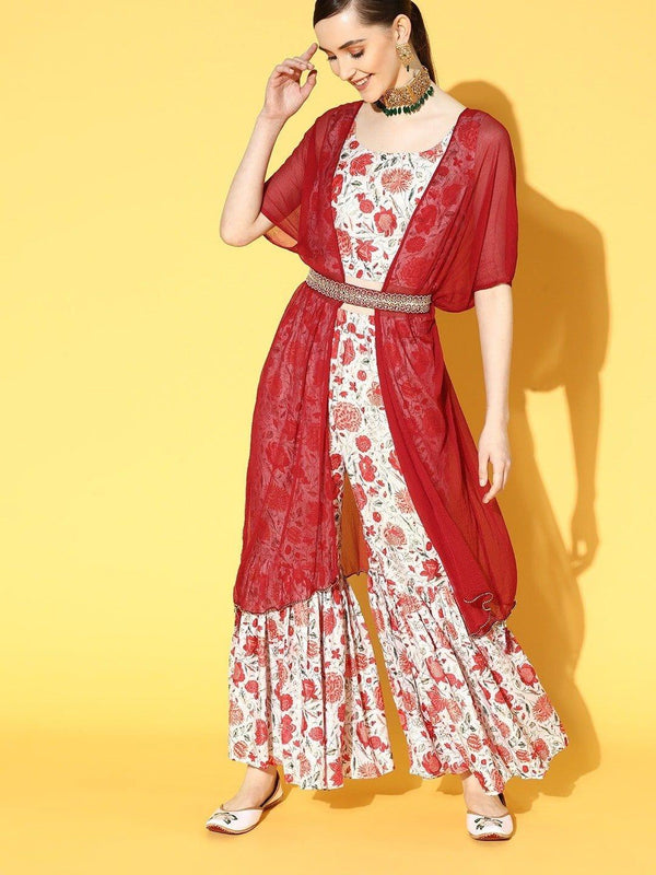 Printed Blouse With Sharara And Cape And Stylised With Embroidered Belt - Indiakreations