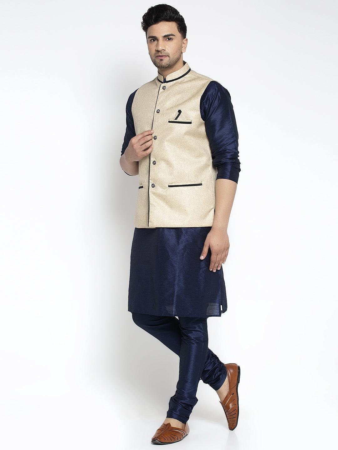 Men's Silk Blend Navy Blue Kurta With Pyjama & Beige Nehru Jacket - Benstoke - Indiakreations